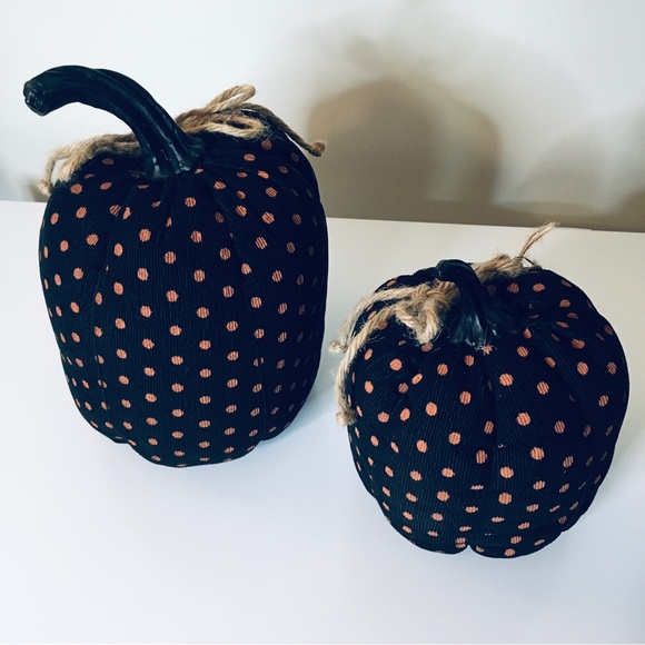 Set of 2 NEW Decorative Black & Orange Polka Dot Halloween Fall Fabric Pumpkins - Picture 3 of 14